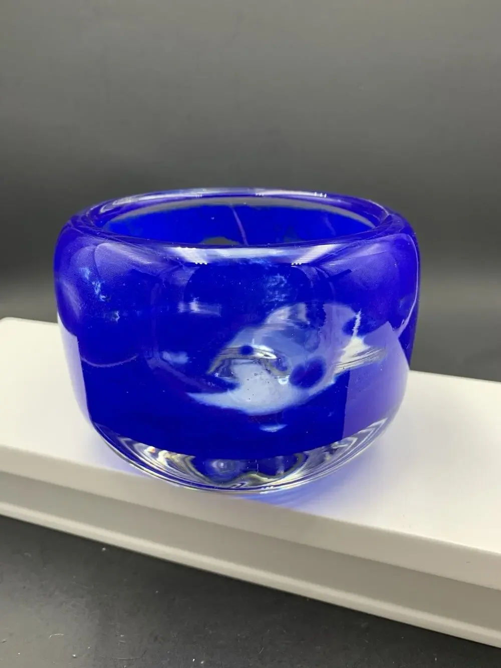 Cobalt Blue Art Glass Bowl/Votive Holder w/Fish Swirl Design